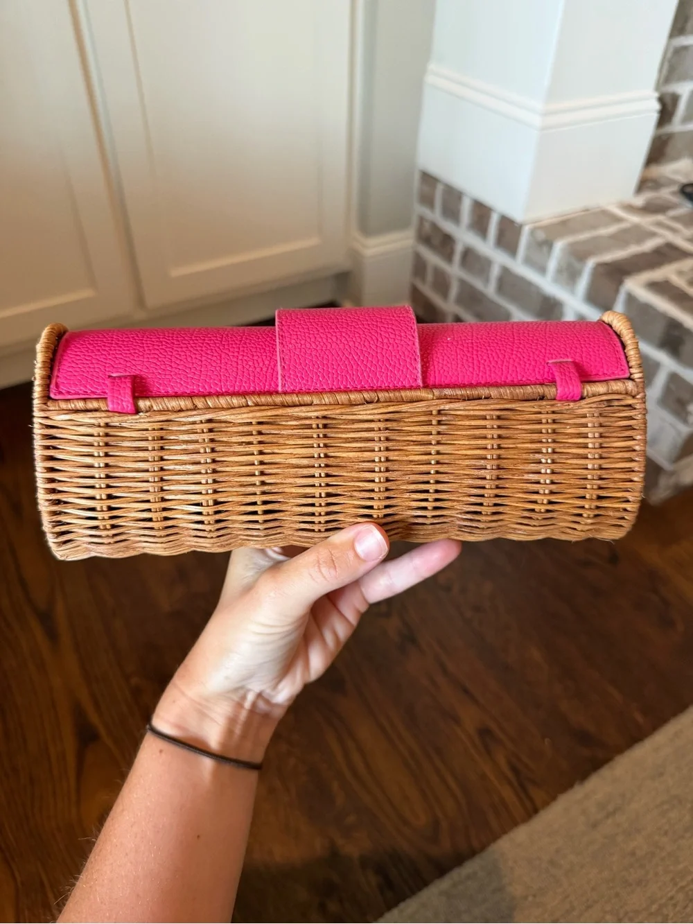 Mud Pie Pink Leather-Trim Wicker Clutch with Gold Accent